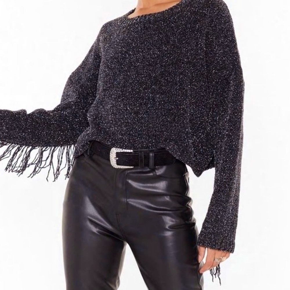 NWOT Nasty Gal Black Cropped Fringe Sweater
